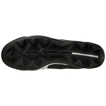 The image shows the black rubber sole of the Mizuno Wave Lightrevo TPU Men's Molded Baseball Cleats (320681), featuring multiple triangular studs and grooves on a TPU outsole for excellent traction on turf or grass.