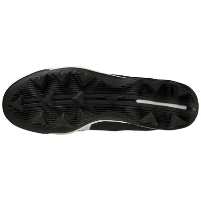The image shows the black rubber sole of the Mizuno Wave Lightrevo TPU Men's Molded Baseball Cleats (320681), featuring multiple triangular studs and grooves on a TPU outsole for excellent traction on turf or grass.
