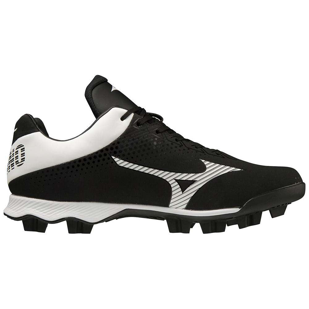 The Mizuno Wave Lightrevo Junior Youth Molded Cleats (320673) feature a black and white design, low-cut silhouette, lace-up closure, and a durable TPU outsole with molded studs, shown in side profile.