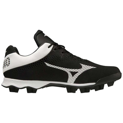 The Mizuno Wave Lightrevo Junior Youth Molded Cleats (320673) feature a black and white design, low-cut silhouette, lace-up closure, and a durable TPU outsole with molded studs, shown in side profile.
