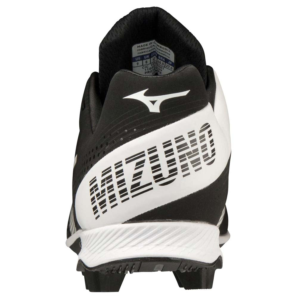 A rear view of the Mizuno Wave Lightrevo Junior Youth Molded Cleats (320673) shows a black and white design with "MIZUNO" bold on the heel, a black logo, and a textured white TPU outsole with visible cleats.