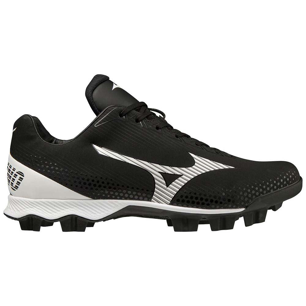 The Mizuno Wave Lightrevo TPU Men's Molded Baseball Cleats (320681) feature a black and white textured upper, bold Mizuno branding, and a durable TPU outsole with molded studs for excellent traction.