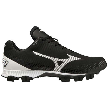 The Mizuno Wave Lightrevo Junior Youth Molded Cleats (320673) feature a black and white design, textured surface, TPU outsole, and Mizuno logo—ideal for young players on turf or grass.