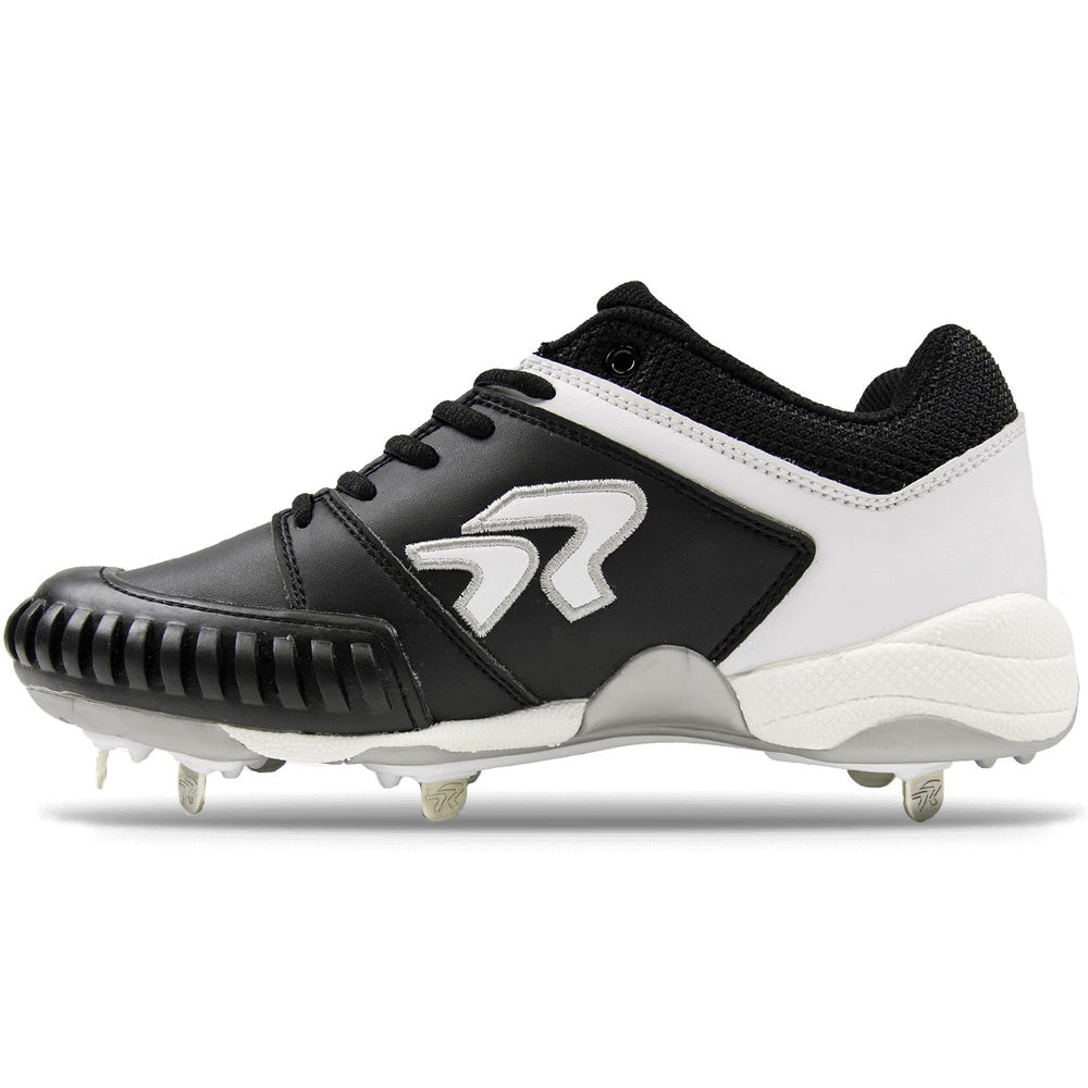 The Ringor Flite Spike PTT 3842S is a women’s black and white metal fastpitch softball cleat with a reinforced pitching toe, lace-up front, and stylized R logo on the side.