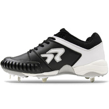 The Ringor Flite Spike PTT 3842S is a women’s black and white metal fastpitch softball cleat with a reinforced pitching toe, lace-up front, and stylized R logo on the side.