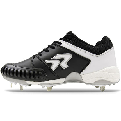The Ringor Flite Spike PTT 3842S is a women’s black and white metal fastpitch softball cleat with a reinforced pitching toe, lace-up front, and stylized R logo on the side.