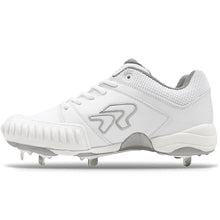 The Ringor Flite Spike PTT Women's Metal Fastpitch Softball Cleats (3842S) feature silver accents, metal spikes, a textured pitching toe, and a lace-up design with mesh ankle padding for comfort and support in every game.