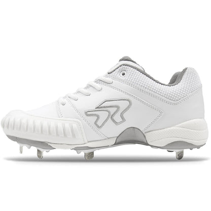 The Ringor Flite Spike PTT Women's Metal Fastpitch Softball Cleats (3842S) feature silver accents, metal spikes, a textured pitching toe, and a lace-up design with mesh ankle padding for comfort and support in every game.