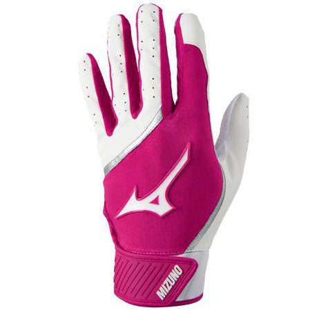 A right-handed Mizuno MVP Youth Tee Ball Batting Glove (330426), pink and white with a white logo on the back and "MIZUNO" in white on the wrist strap, designed for enhanced grip, shown against a white background.