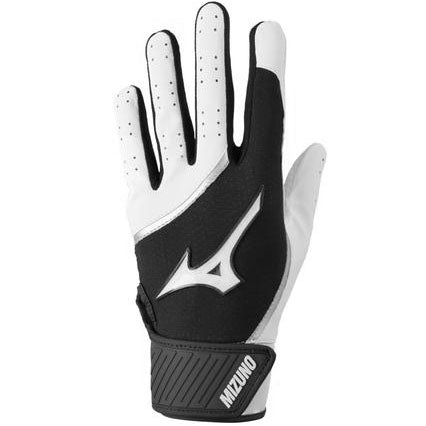 The Mizuno MVP Youth Tee Ball Batting Gloves: 330426 are shown in black and white with the palm facing away, featuring a velcro strap and Mizuno logo—perfect for beginner ballplayers seeking enhanced grip.