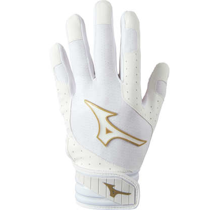 A Mizuno Finch Women’s Batting Glove (330427) in white with FlexMesh technology and gold logo accents is shown palm down on a plain white background.