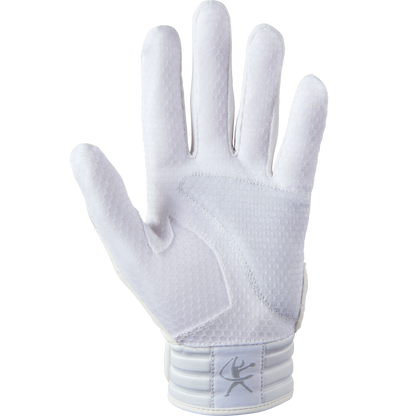 The Mizuno Finch Women's Batting Glove (330427) is a white softball glove with a textured grip and FlexMesh, seen from the palm side, and features a small stitched deer antler logo on the wrist strap.