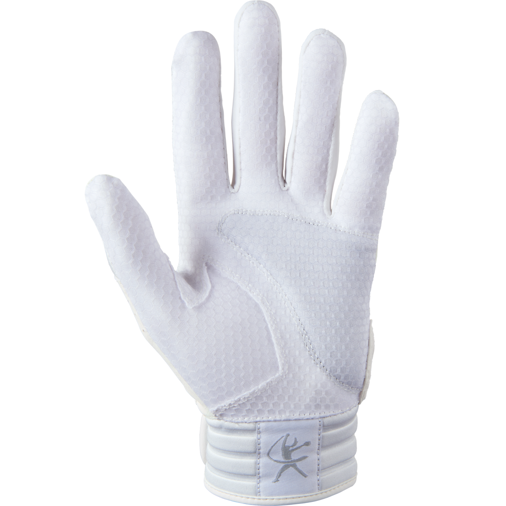 A single Mizuno Finch Girls's (Youth) Batting Glove (330428) is displayed palm-up on a plain light background, showing textured white fabric and a small Mizuno logo near the wrist.
