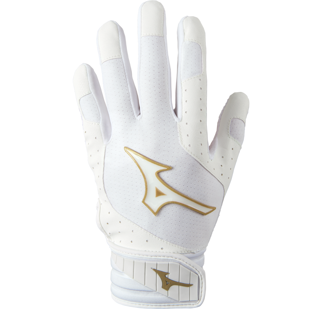 The Mizuno Finch Girls's (Youth) Batting Gloves: 330428, shown palm down on a light background, feature a white design with gold logo details and the Mizuno ShockPalm for enhanced grip.