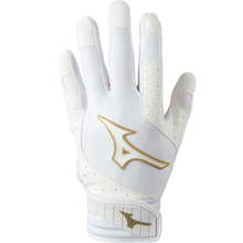 The Mizuno Finch Girls's (Youth) Batting Gloves: 330428, shown palm down on a light background, feature a white design with gold logo details and the Mizuno ShockPalm for enhanced grip.