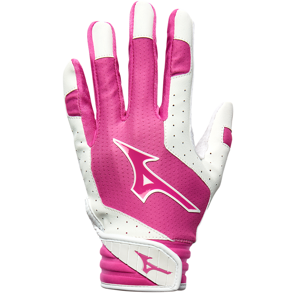 A Mizuno Finch Girls's (Youth) Batting Glove (330428) in pink and white, featuring ventilation holes and the Mizuno logo on the back, is pictured palm down against a plain white background.