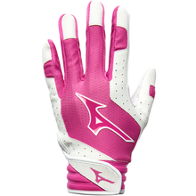 A Mizuno Finch Girls's (Youth) Batting Glove (330428) in pink and white, featuring ventilation holes and the Mizuno logo on the back, is pictured palm down against a plain white background.