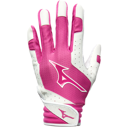 A Mizuno Finch Girls's (Youth) Batting Glove (330428) in pink and white, featuring ventilation holes and the Mizuno logo on the back, is pictured palm down against a plain white background.