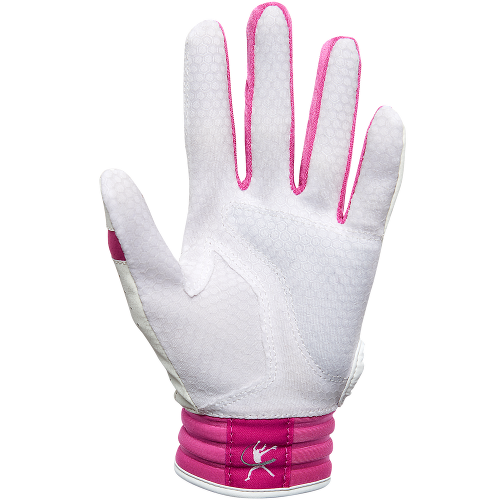 A Mizuno Finch Girls's (Youth) Batting Glove, white with pink trim and stitching, featuring a small kangaroo logo on the pink wrist strap, is shown palm up against a plain background.