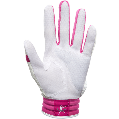 A Mizuno Finch Girls's (Youth) Batting Glove, white with pink trim and stitching, featuring a small kangaroo logo on the pink wrist strap, is shown palm up against a plain background.