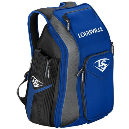 The Louisville Slugger Prime Stick Pack Backpack: WTL9902 in royal features multiple zippered compartments, branded logos, and padded shoulder straps.