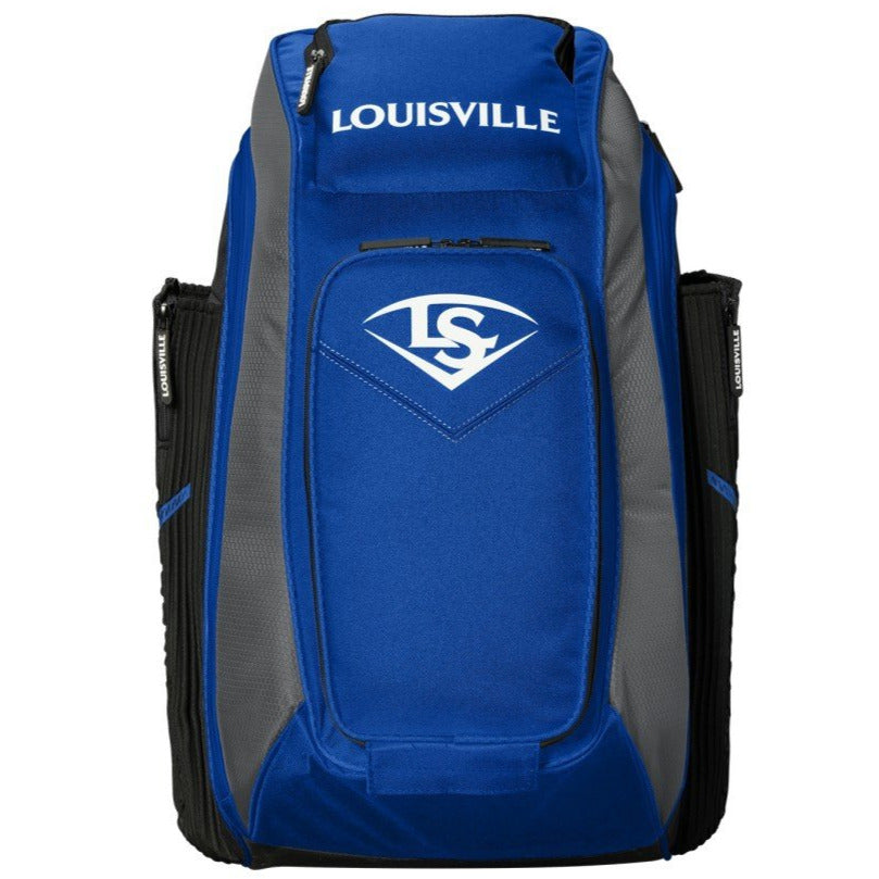 The Louisville Slugger Prime Stick Pack Backpack (WTL9902) features a blue and gray design, side pockets, a front zipper, and "LOUISVILLE" in white above the brand logo.