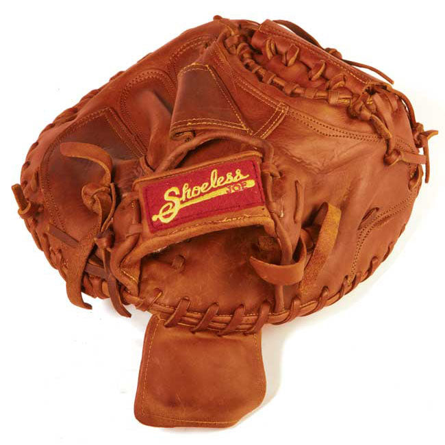 The Shoeless Joe 34" Baseball Catcher's Mitt (3400CM) features tobacco-tanned steerhide, visible stitching, and a red and yellow Shoeless Joe label on the back.