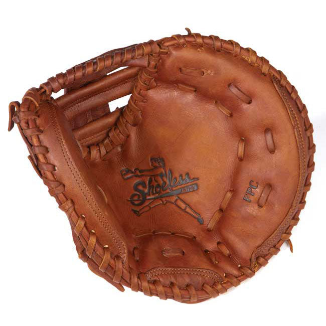 The Shoeless Joe Shoeless Jane 34" Fastpitch Catcher's Mitt (3400FPCM) is a brown leather mitt with visible stitching, an adjustable wrist strap, and the Shoeless Joe logo in black on the palm.