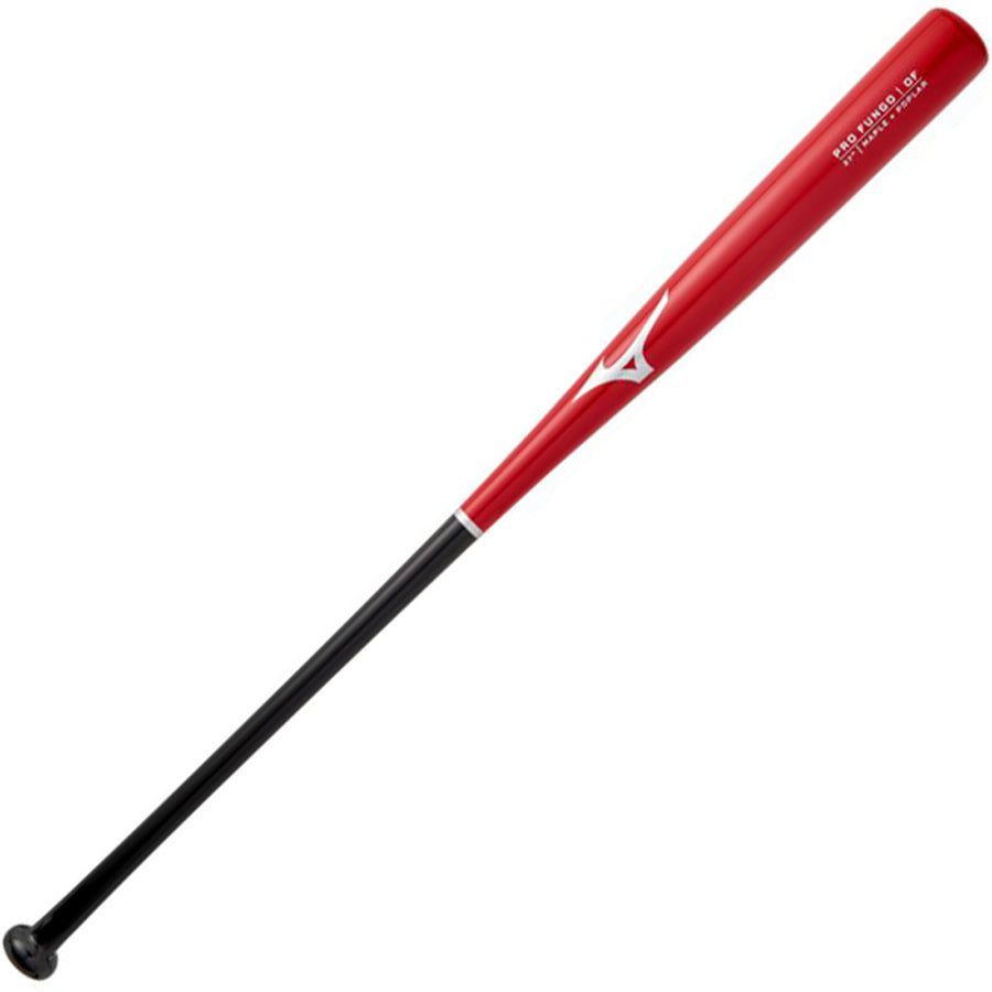 The Mizuno Pro Fungo 37" Wood Training Bat (340626) by Mizuno features a black handle, red barrel, and white logo/text near the top—ideal for infield or outfield practice.