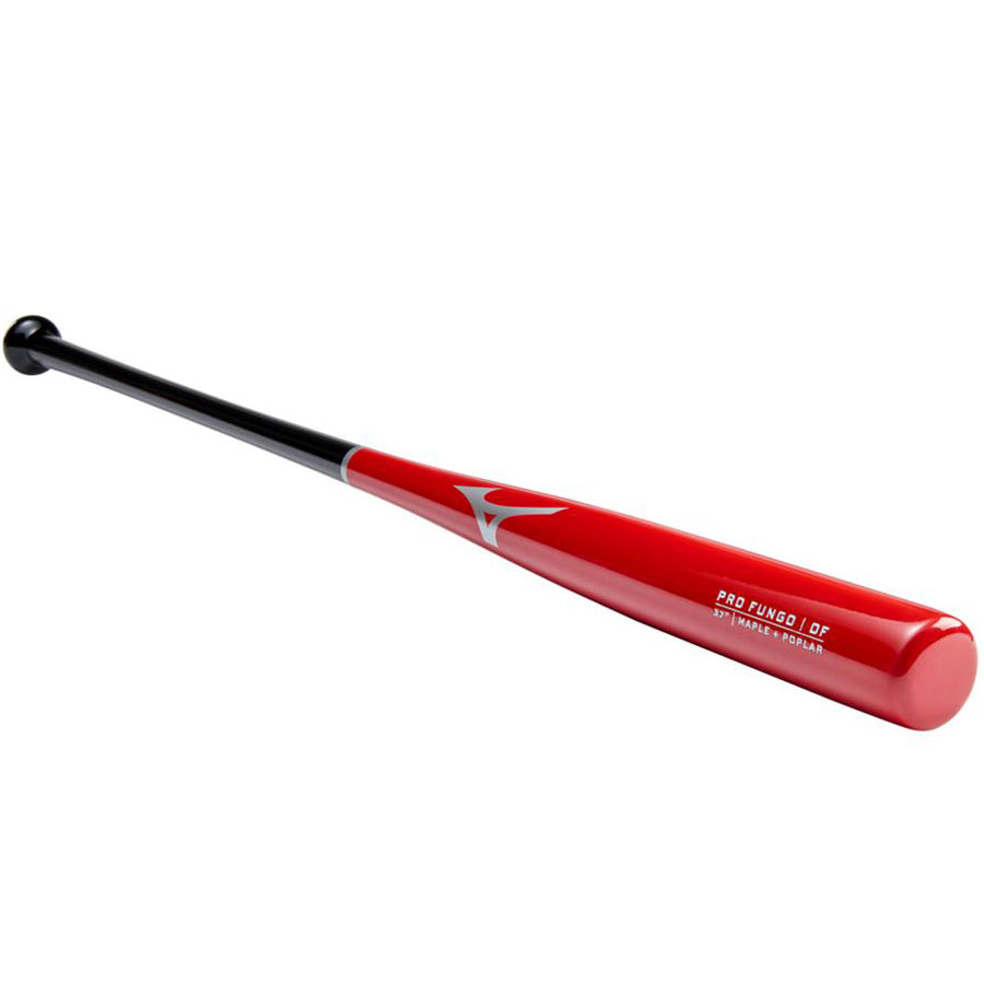 The Mizuno Pro Fungo 37" Wood Training Bat (340626) by Mizuno is a black and red bat with a silver logo and "PRO FUNGO L271" on the barrel, shown on a white background.