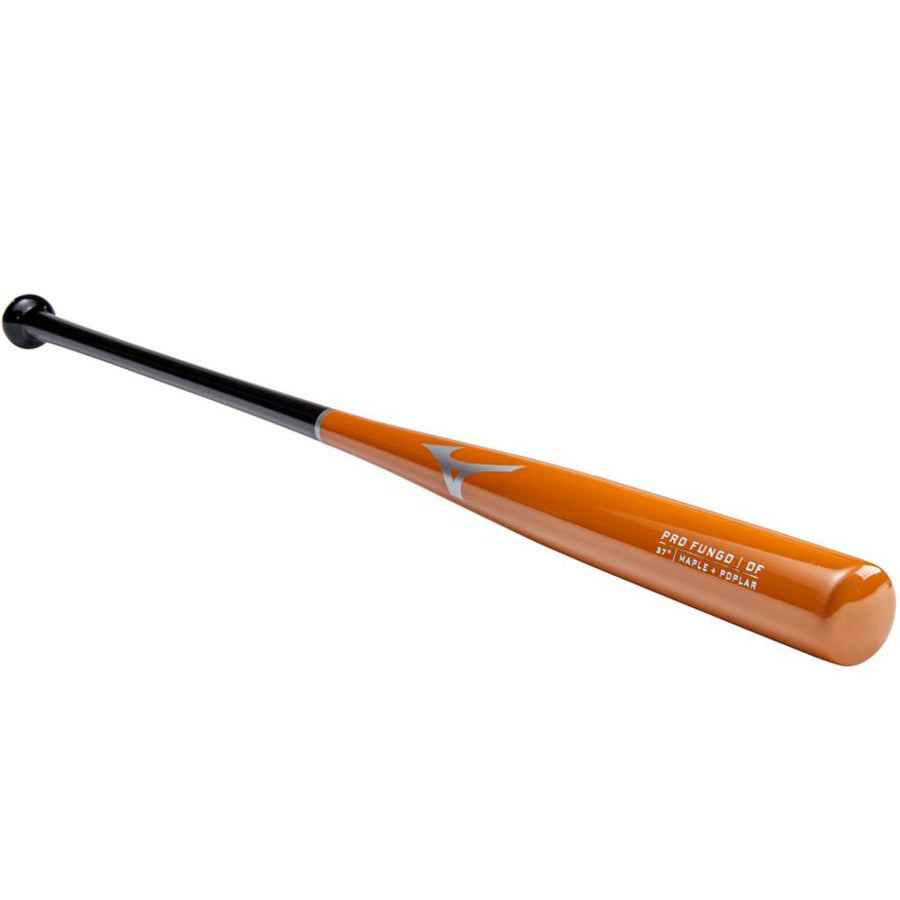 The Mizuno Pro Fungo 37" Wood Training Bat (340626) by Mizuno features an orange barrel, black handle, and silver logo. This lightweight fungo bat is displayed against a white background.