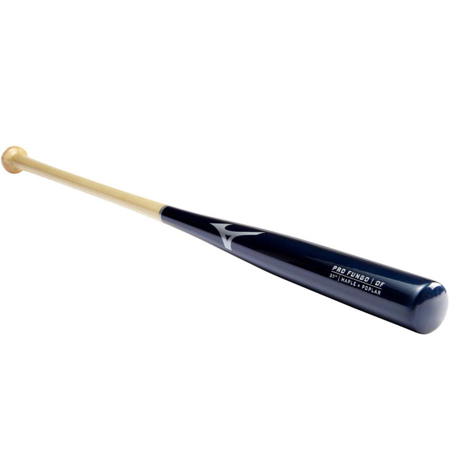 The Mizuno Pro Fungo 37" Wood Training Bat (340626) features a maple hybrid design with a natural wood handle and dark blue barrel, white logo/text, and is ideal as a lightweight fungo bat for infield or outfield practice.