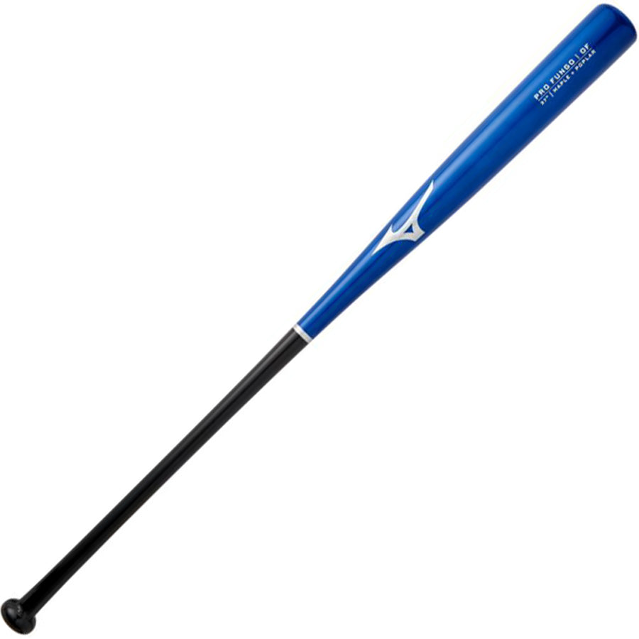 The Mizuno Pro Fungo 37" Wood Training Bat (340626) by Mizuno is a blue and black lightweight bat with a white logo and text near the barrel, shown on a white background.