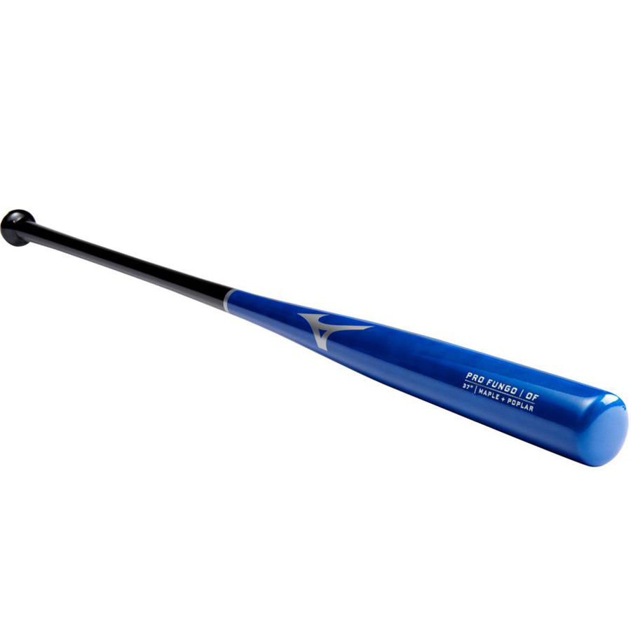 The Mizuno Pro Fungo 37" Wood Training Bat (340626) features a blue barrel with PRO FUNGO 107 and 271 MAPLE/POPLAR printed, a black handle, and white logo—ideal for infield or outfield fungo practice.