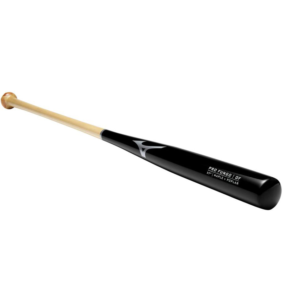 The Mizuno Pro Fungo 37" Wood Training Bat (340626) features a tapered handle and black/natural maple hybrid design with the Mizuno logo on the barrel.