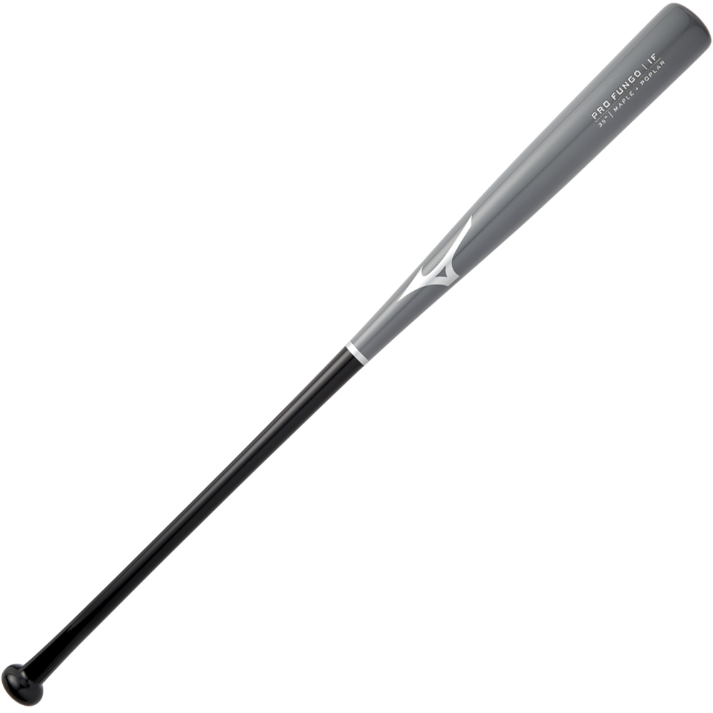 A black and silver Mizuno Pro Fungo 35" Wood Training Bat (340627) by Mizuno, made for infield training, is displayed against a plain white background.