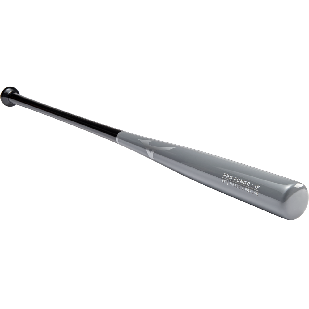 The Mizuno Pro Fungo 35" Wood Training Bat (340627) by Mizuno features a gray and black maple hybrid design with Pro Fungo I/F text on the barrel, ideal for infield work and shown on a plain white background.