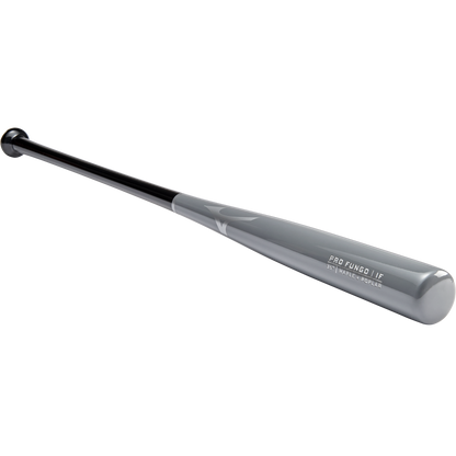 The Mizuno Pro Fungo 35" Wood Training Bat (340627) by Mizuno features a gray and black maple hybrid design with Pro Fungo I/F text on the barrel, ideal for infield work and shown on a plain white background.
