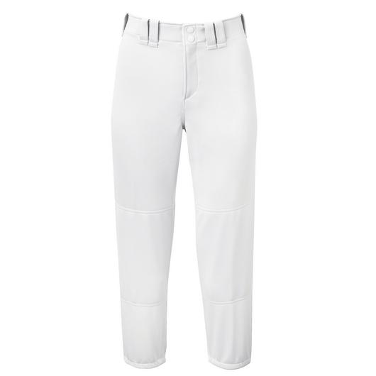 The Mizuno Girl's Belted Fastpitch Softball Pants (350462) by Mizuno, featuring belt loops, a front button closure, and reinforced knees, are displayed against a white background.