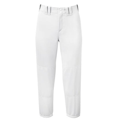 The Mizuno Girl's Belted Fastpitch Softball Pants (350462) by Mizuno, featuring belt loops, a front button closure, and reinforced knees, are displayed against a white background.