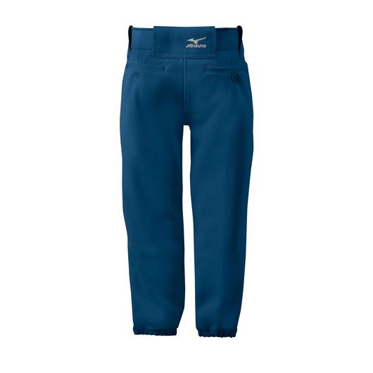 Mizuno Women's Belted Fastpitch Softball Pants (350150) in blue, featuring an elastic waistband and cuffs, with the Mizuno logo near the waist. Durable and comfortable for game day, shown on a white background.