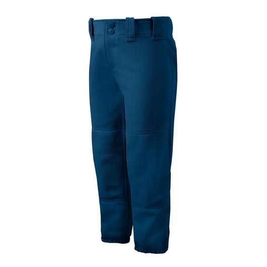 A pair of Mizuno Girl's Belted Fastpitch Softball Pants (350462) in blue, featuring belt loops, reinforced knees, and elastic cuffs, shown on a white background.