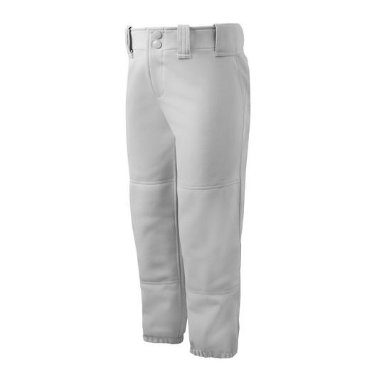 Mizuno Women's Belted Fastpitch Softball Pants (350150) in light gray feature belt loops, reinforced knees, and elastic cuffs for added performance and padding, shown on a plain white background.