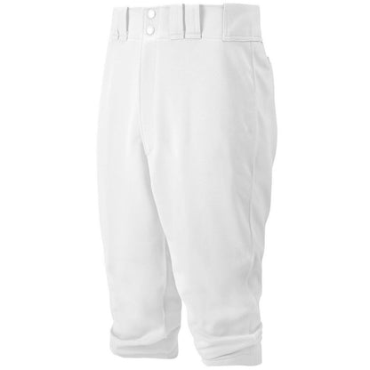 The Mizuno Youth Premier Short Knicker Baseball Pants (350312) in white offer belt loops, a zippered front, snap buttons, and elastic knee cuffs for a professional look and lasting performance on the field.