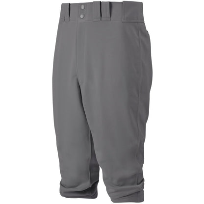 The Mizuno Adult Premier Short Knicker Baseball Pants (350280) in gray feature belt loops, snap buttons, and durable fabric. Designed by Mizuno for a tailored fit below the knee, they are shown on a white background.