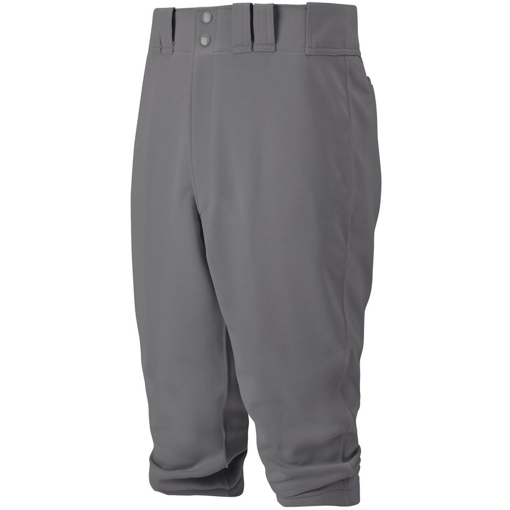 The Mizuno Youth Premier Short Knicker Baseball Pants (350312) feature a durable gray design with belt loops and waist buttons, ending just below the knee—ideal for young players seeking reliable performance.