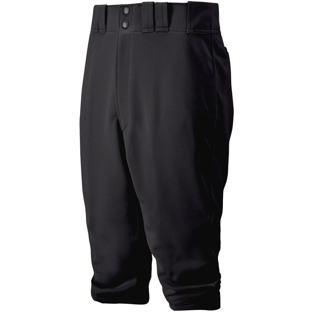 The Mizuno Adult Premier Short Knicker Baseball Pants (350280) feature durable fabric, belt loops, and snap buttons, displayed against a white background.