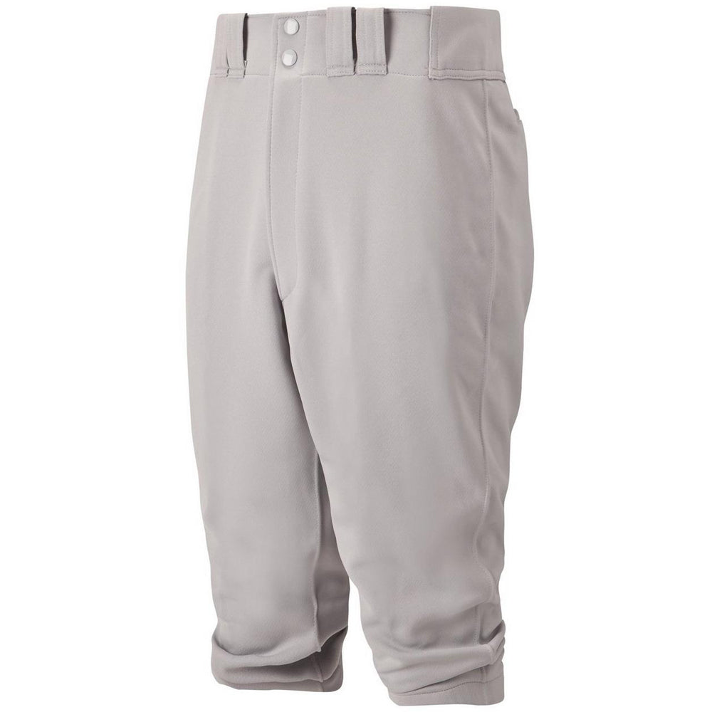 The Mizuno Adult Premier Short Knicker Baseball Pants (350280) are light gray, knee-length, feature durable fabric, belt loops, two buttons, and a zipper fly, displayed upright against a white background.