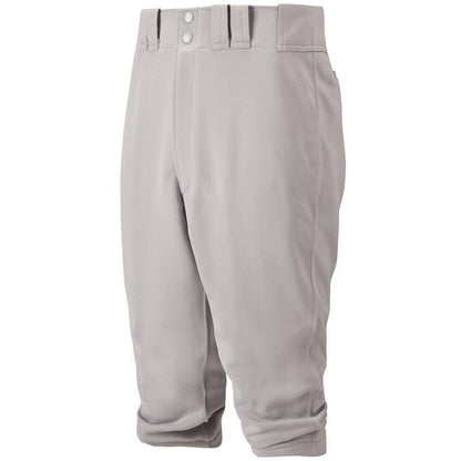 The Mizuno Adult Premier Short Knicker Baseball Pants (350280) are light gray, knee-length, feature durable fabric, belt loops, two buttons, and a zipper fly, displayed upright against a white background.