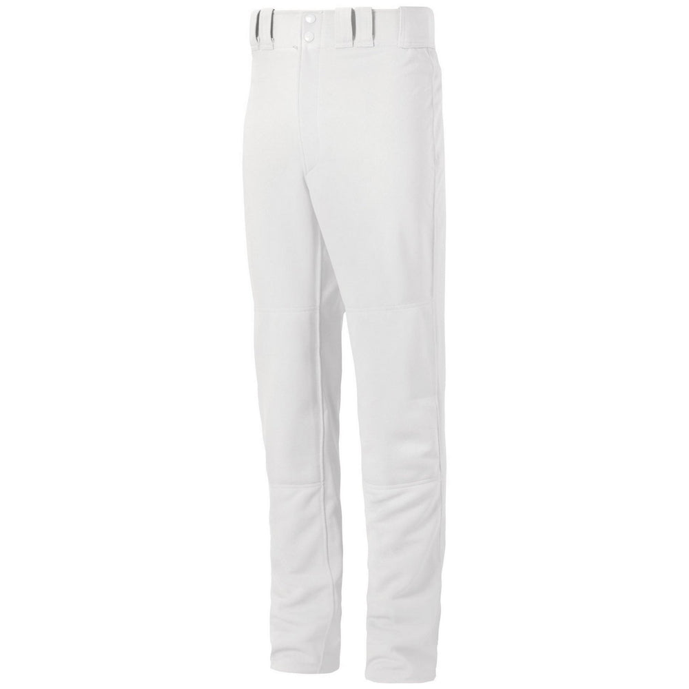 The Mizuno Adult Premier Pro G2 Open Bottom Baseball Pants (350386) feature belt loops, a front fly, and reinforced knees for durability, shown here in professional white against a white background.